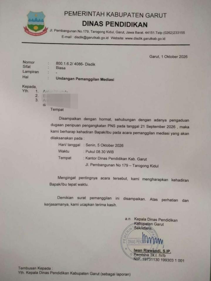 Dugaan Penipuan SK PNS, Sekdisdik Garut Minta Oknum Guru SD di Cibatu Kembalikan Uang Korban